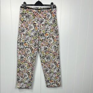 Talbots Womens Pants 12 Black Pink Side Zip Floral Straight Leg Bright Cheerful